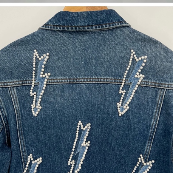 Sandro Pearl Lightning Bolt Cropped Denim Crop Jean Jacket - Picture 9 of 13